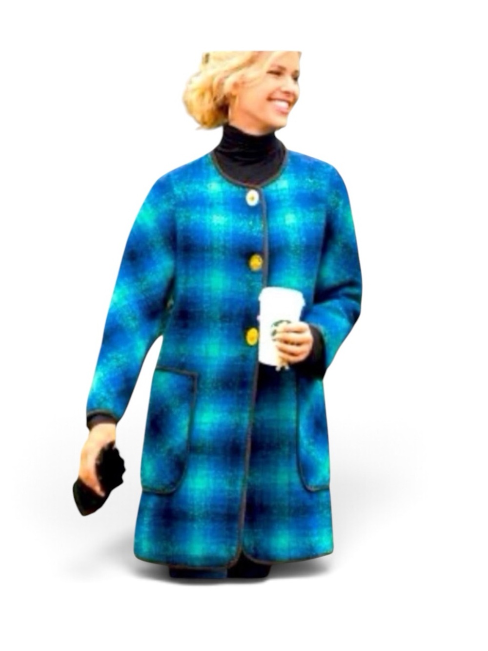 Soft Surrounding Blue Boucle Wool Blend Plaid Coat Sz XL
